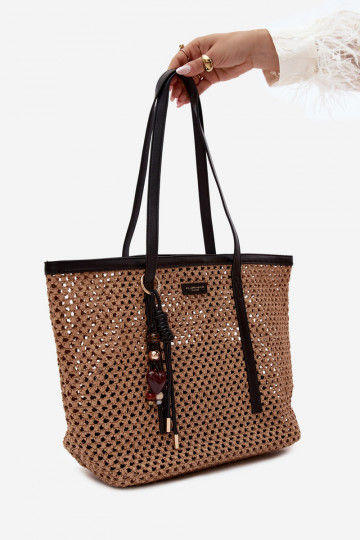 Black woven shopper handbag with pendant Noella 2