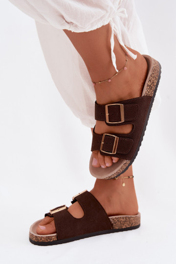 Women's slippers with buckles on cork sole in chocolate color Collins
