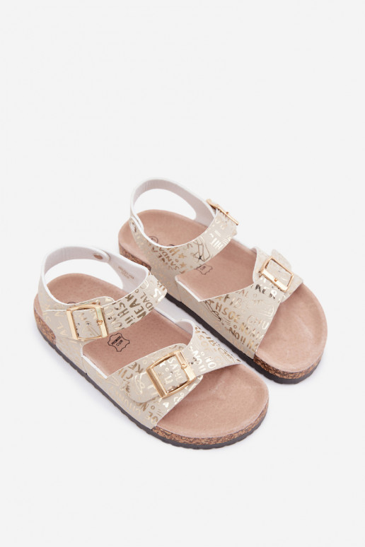 Golden children's sandals with buckles and inscriptions Praline