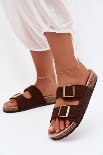 Women's slippers with buckles on cork sole in chocolate color Collins