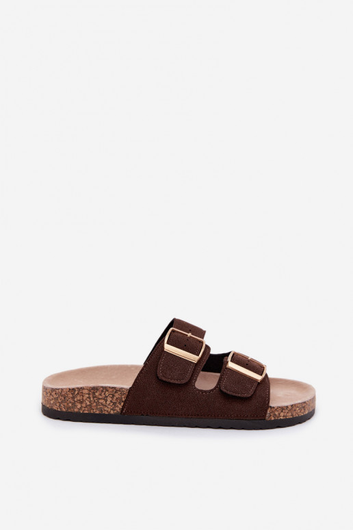 Women's slippers with buckles on cork sole in chocolate color Collins