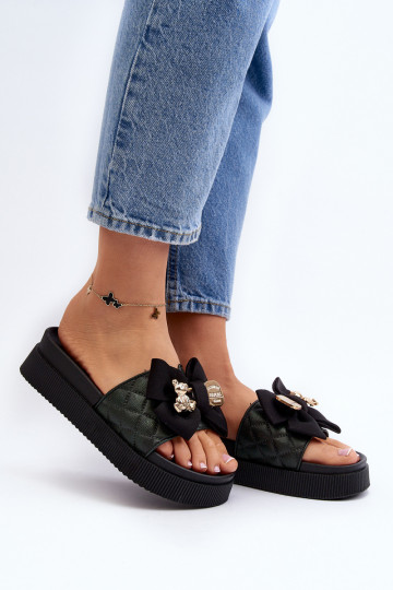 Black women's slippers with bows and teddy bears Katterina 2