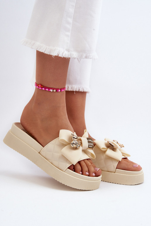 Sand-colored women's slippers with bows and teddy bears Katterina