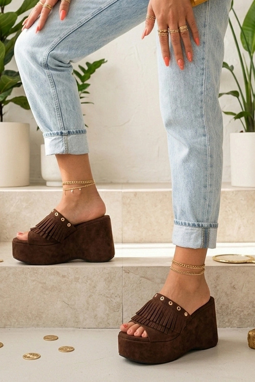 Brown women's boho clogs with tassels on platform Juniper