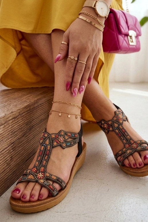 Black women's sandals embellished with colorful stones Orion
