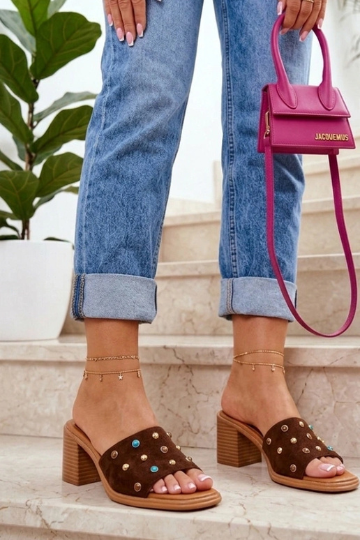Brown clogs on a chunky heel with studs Iris