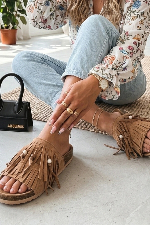 Dark sand-colored women's clogs with tassels Flamres Florence