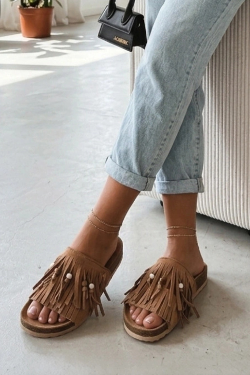 Dark sand-colored women's clogs with tassels Flamres Florence