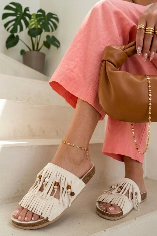 White women's clogs with tassels Flamres Florence
