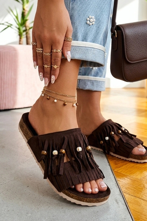 Brown women's clogs with tassels Flamres Florence