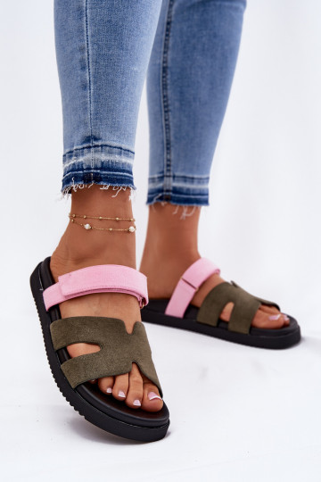 Women's slippers with a sticky closure Vinceza 17401 in green-pink