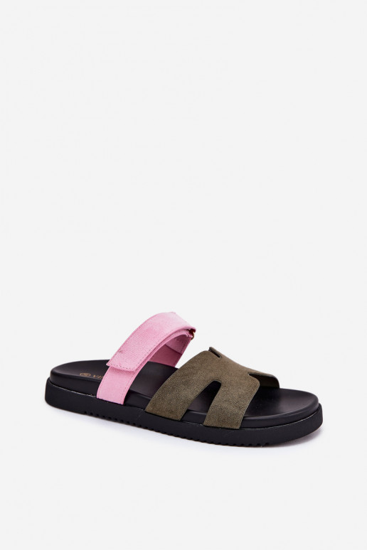 Women's slippers with a sticky closure Vinceza 17401 in green-pink