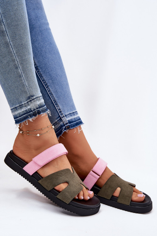 Women's slippers with a sticky closure Vinceza 17401 in green-pink