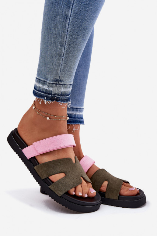 Women's slippers with a sticky closure Vinceza 17401 in green-pink