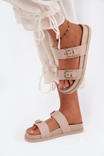Women's sand-colored slippers with golden buckles Vilja