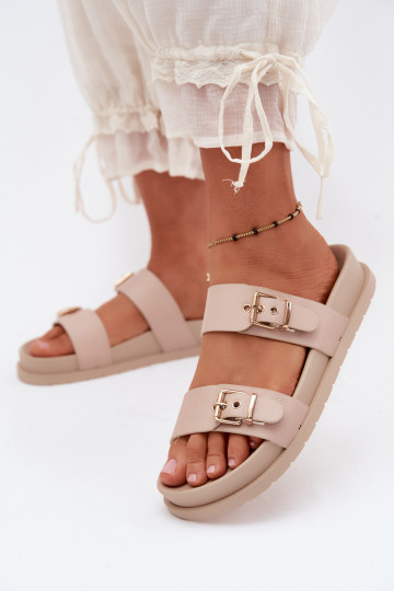 Women's sand-colored slippers with golden buckles Vilja 2