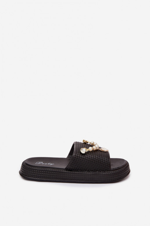 Women's black lightweight slippers with ornaments Rosehip