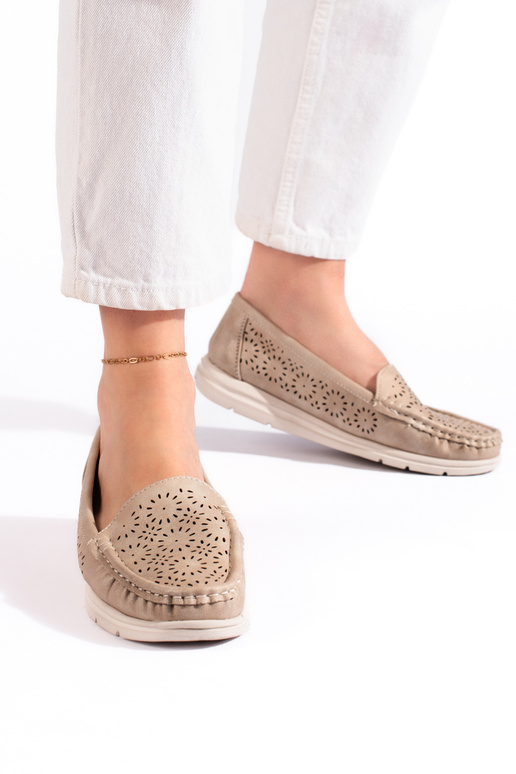 Beige perforated women's moccasins