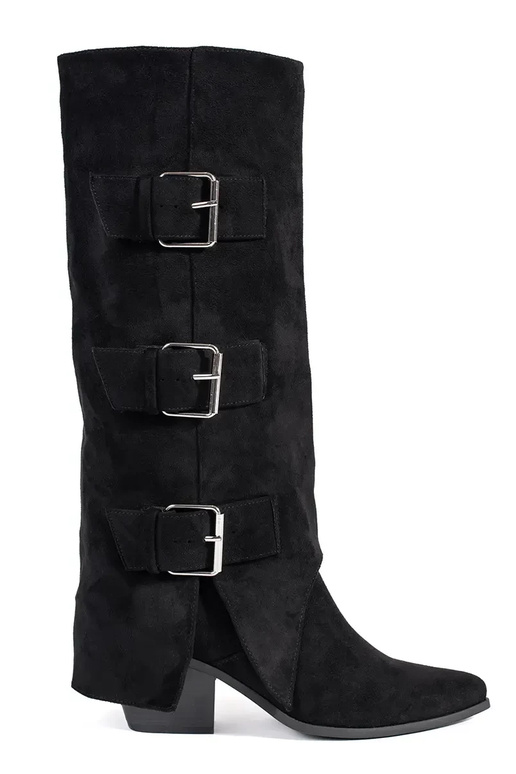 Black faux suede knee-high boots with buckles