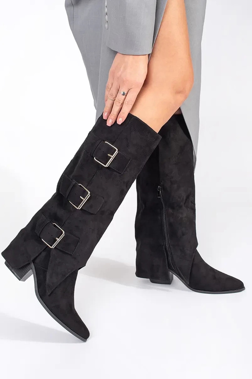 Black faux suede knee-high boots with buckles