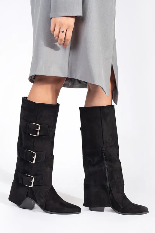 Black faux suede knee-high boots with buckles