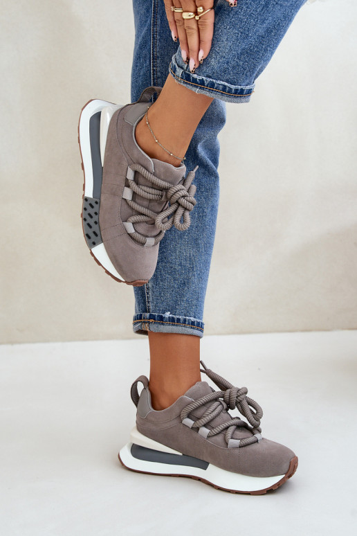 Szare sportowe buty z sztucznego zamszu na platformie z grubymi sznurówkami Artiker 54C1463