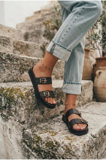 Women's black slippers with golden buckles Vilja 2