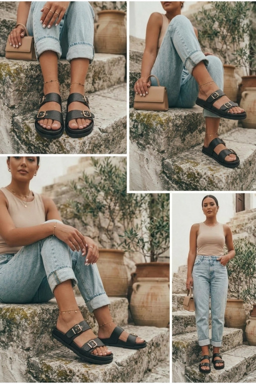 Women's black slippers with golden buckles Vilja