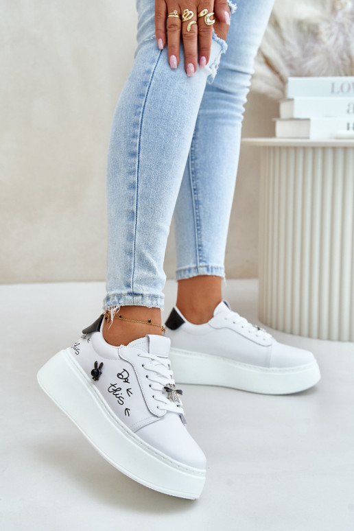 White faux leather platform sneakers with detachable badges Vinceza 89102