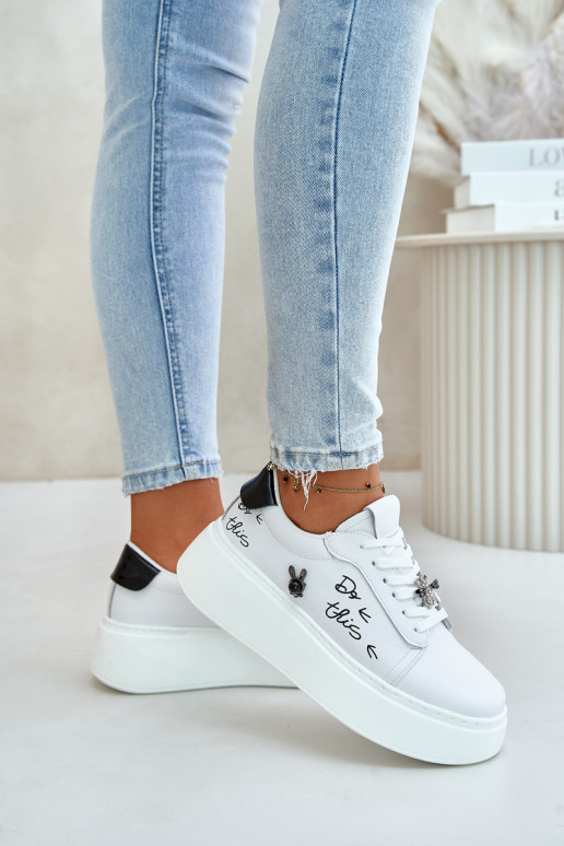 White faux leather platform sneakers with detachable badges Vinceza 89102