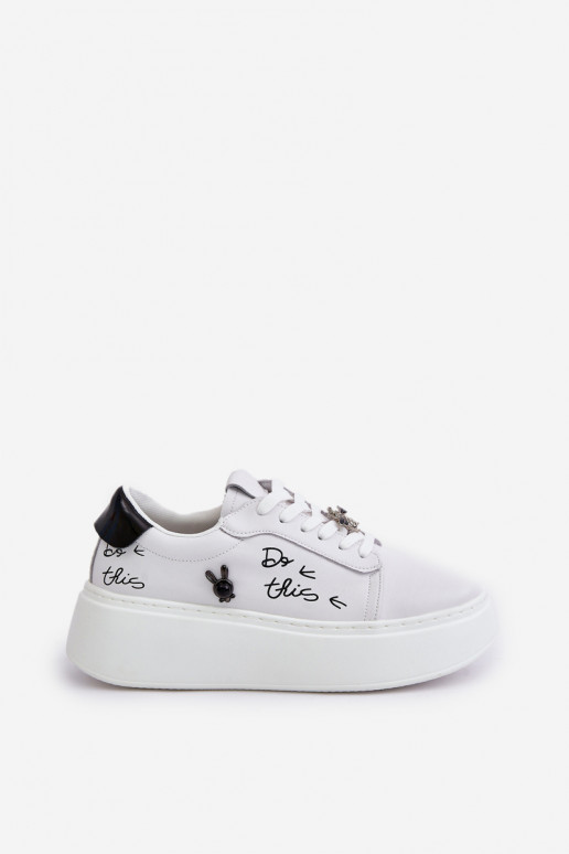 White faux leather platform sneakers with detachable badges Vinceza 89102