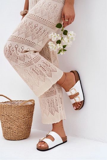 White women's slippers with buckles on cork sole Bubbelia