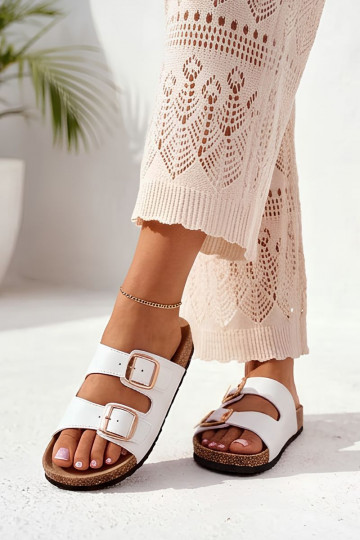 White women's slippers with buckles on cork sole Bubbelia 2