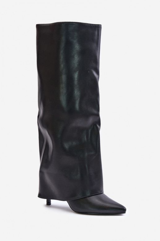 Warm long boots with thin heels and sewn-in choleika in black Tamonia