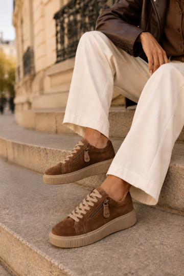 Brown faux suede women's sneakers with platform Corisa