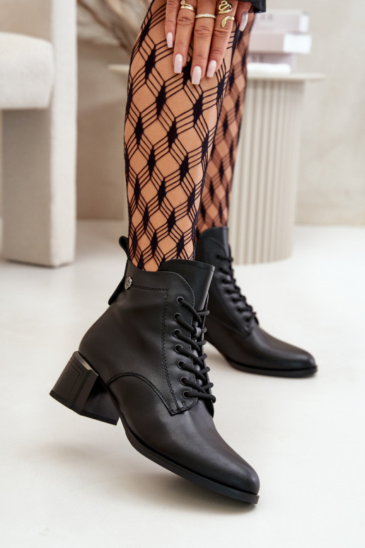 Women's lace-up ankle boots with heels made of natural leather, insulated, in black color Vinceza 91110
