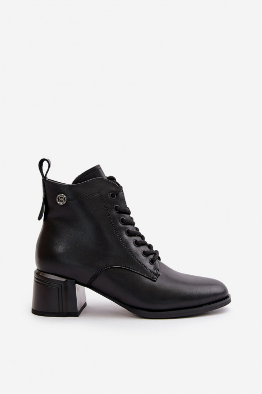 Women's lace-up ankle boots with heels made of natural leather, insulated, in black color Vinceza 91110