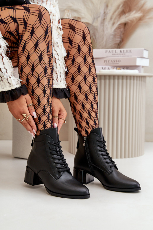 Women's lace-up ankle boots with heels made of natural leather, insulated, in black color Vinceza 91110