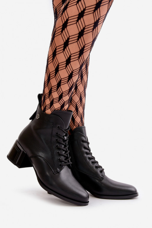 Women's lace-up ankle boots with heels made of natural leather, insulated, in black color Vinceza 91110