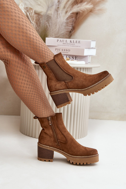 Women's insulated ankle boots with heels made of faux suede in brown color Irissinae