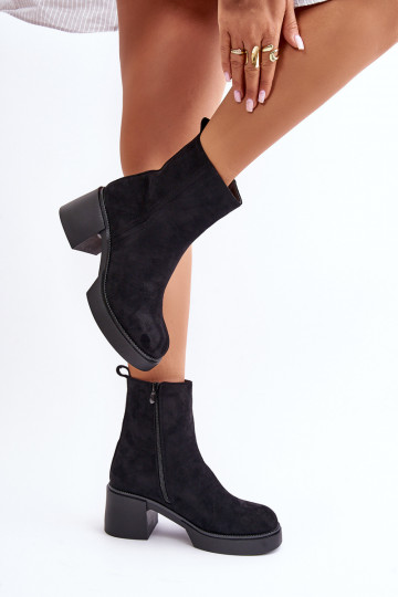 Women's warm ankle boots made of faux suede with heels in black color Meriluna 2