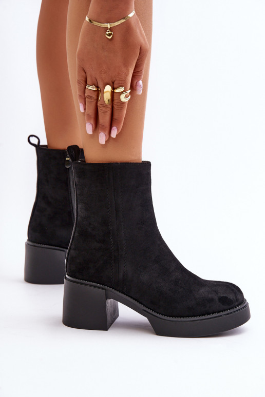 Women's warm ankle boots made of faux suede with heels in black color Meriluna