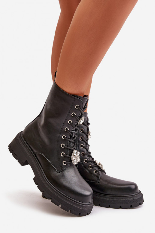 Women's work ankle boots with faux leather embellishments in black Kristines