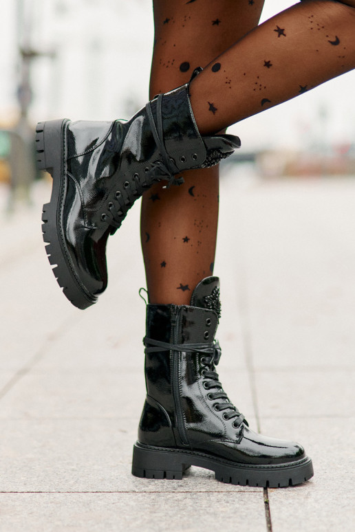 Black work ankle boots with ornaments and patent effect Kelilea