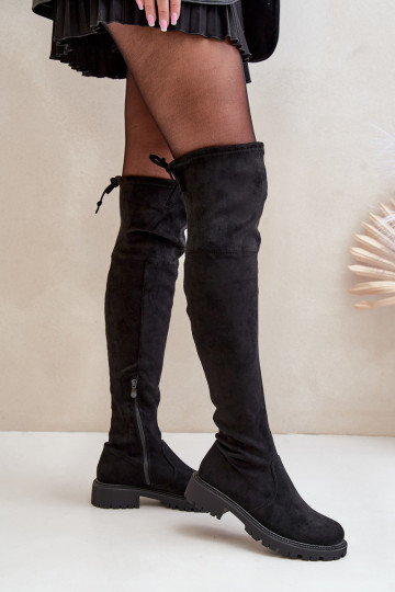 Black over-the-knee boots with wide heels made of faux suede Arkelia