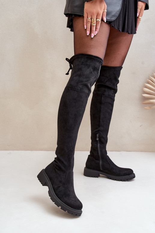 Black over-the-knee boots with wide heels made of faux suede Arkelia