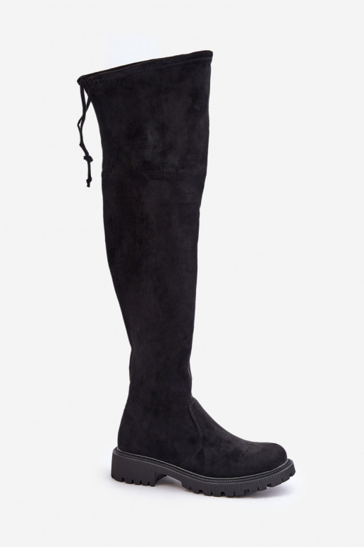 Black over-the-knee boots with wide heels made of faux suede Arkelia