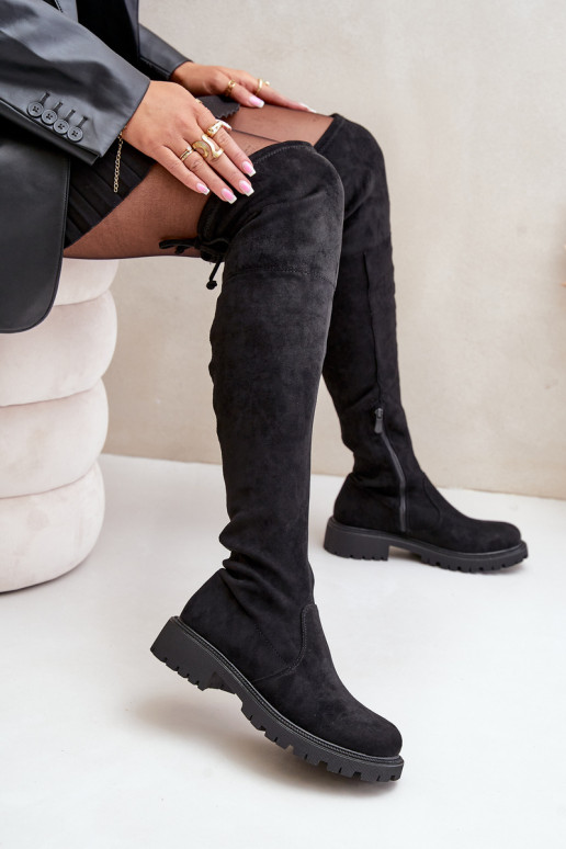 Black over-the-knee boots with wide heels made of faux suede Arkelia