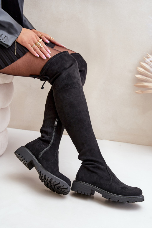 Black over-the-knee boots with wide heels made of faux suede Arkelia