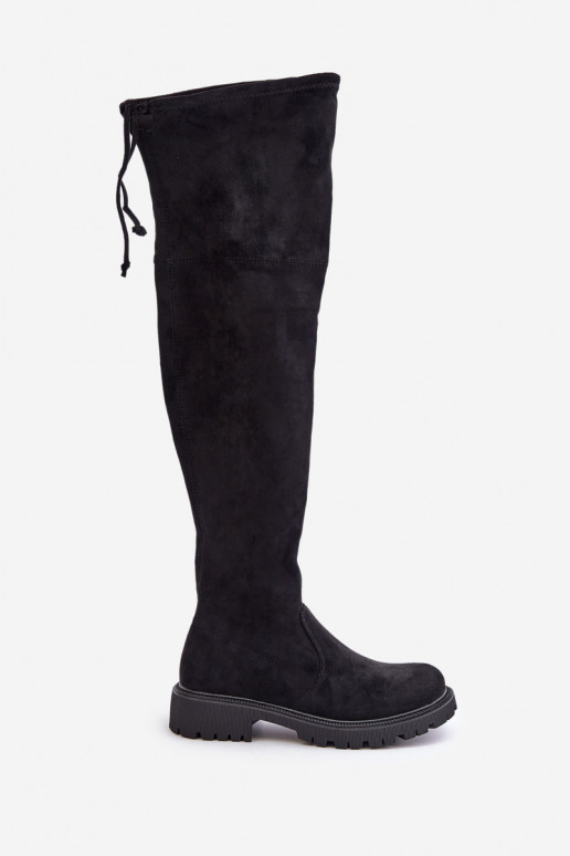 Black over-the-knee boots with wide heels made of faux suede Arkelia